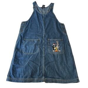 Vtg Y2K 2000s Warner Bros Denim Tweety Bugs Jumper Dress Sz L